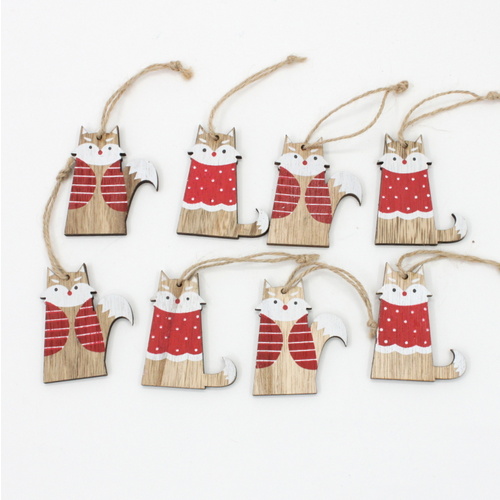 Set of 8 Christmas XMAS Wooden Tree Ornaments Fox Hanging Decoration Decor 6cm