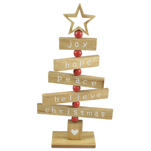 Wooden Natural Christmas XMAS Tree w Words Joy Hope Peace Believe Decoration