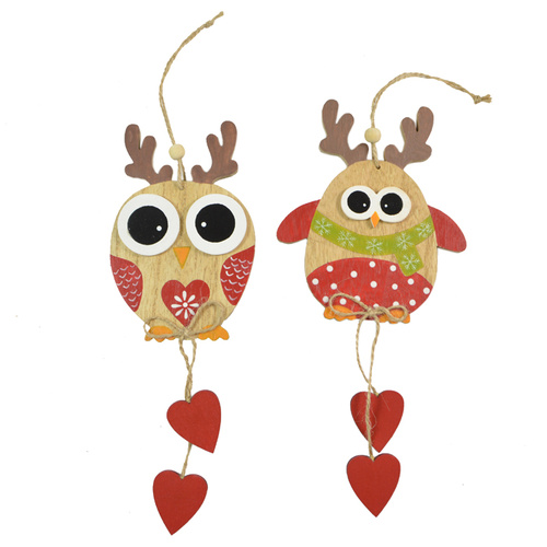 Set of 2 Christmas XMAS Wooden Tree Ornament Big Eye Owl Hanging Decoration