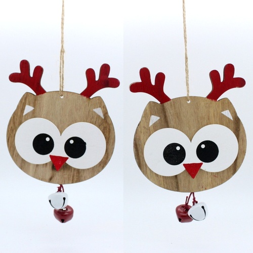 2x Christmas XMAS Tree Ornament Wooden Big Eyed Owl Hanging Wall Decoration