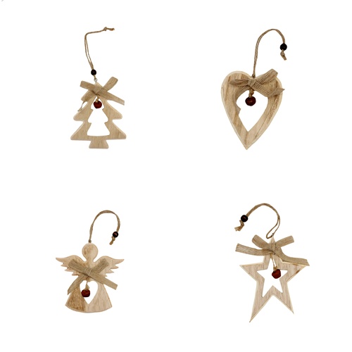 4x Christmas Wooden Tree Ornament Heart Star Angel Tree Hanging Decoration 8cm 