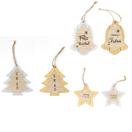 Set of 6 Christmas Wooden Tree Ornaments Door Hanger Decoration Gold Silver 16cm