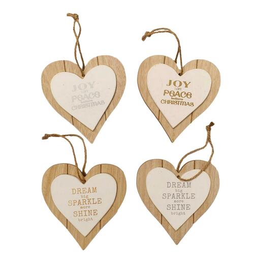 4x Christmas Wooden Hearts Tree Ornaments Door Hanger Decoration Red White 15cm