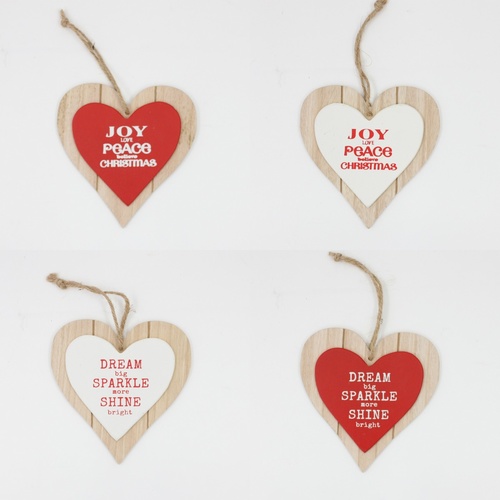 4x Christmas Wooden Hearts Tree Ornaments Door Hanger Decoration Red White 15cm