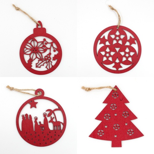 24x Christmas Xmas Wooden Tree Ornaments Hanging Decoration w Cut out 8-10cm [Colour: Red]