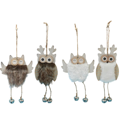 4x Wooden Owl Fur Bells Christmas Tree White Rustic Hanging Xmas Decorations