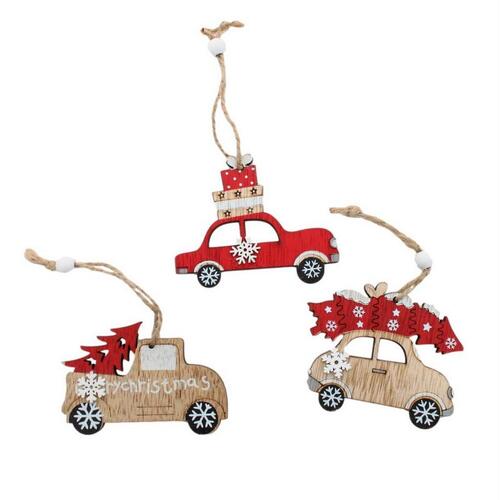 Set of 6 Christmas Wooden Tree Ornaments Car Xmas Hanging Decoration