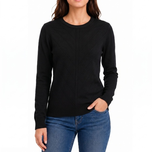 FIL Womens Soft Knit Panel Jumper Sweater Long Sleeve Crew Neck Stretch Washable [Size: 8-10] [Colour: Black]