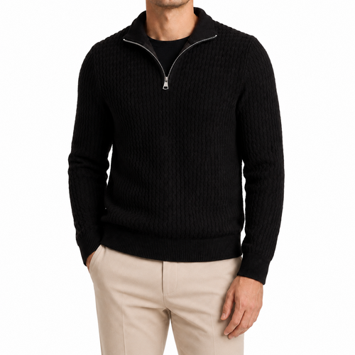 FIL Mens Quarter Zip Knit Sweater Textured Pullover Winter Washable Jumper [Size: M] [Colour: Black]