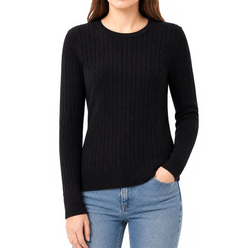 FIL Women's Cable Knit Jumper Crew Neck Sweater Long Sleeve Winter Top Washable [Size: 14-16] [Colour: Black]