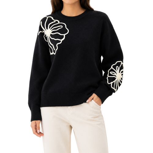 FIL Womens Floral Applique Knit Jumper Soft Wool Blend Winter Sweater Pullover [Size: 8-10] [Colour: Black]