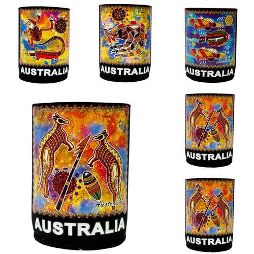 Stubby Holder Stubbie Can Beer Bottle Drink Cooler Australia Flag Funny Souvenir [Design: Aboriginal Art - Kangaroo E]