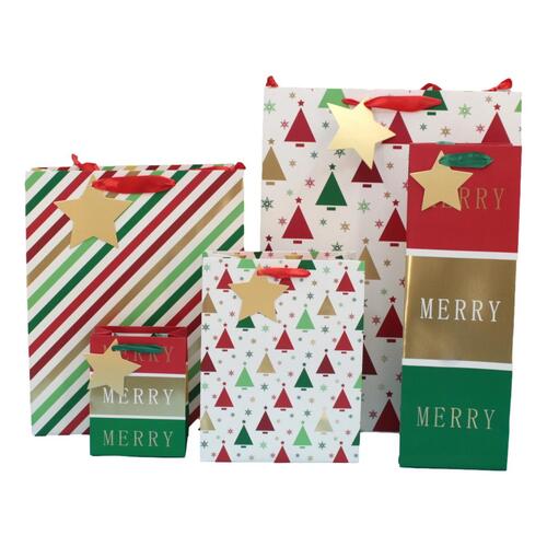 12x Christmas XMAS Gift Bags Cardboard Paper Bags w Foil S M L XL Bottle [Size: XL] [Design: J]