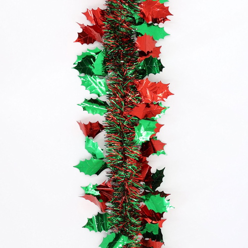 12m Christmas Tinsel Garland Extra Wide (4m x3) - Holly_Red Green