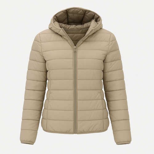 Womens Hooded Puffer Jacket Zip Pockets - Taupe [Size: S]