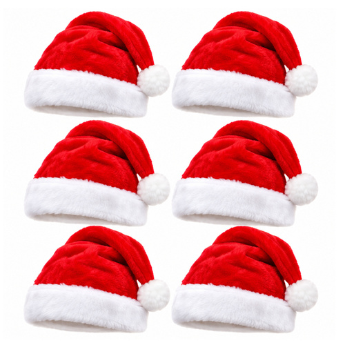 Plush Santa Hats 6 Pack Red White Christmas Xmas Costume Party Hats