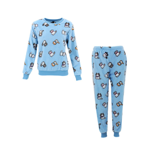 FIL Women's Plush 2pc Set Pyjama Loungewear Fleece Sleepwear - Cats/Blue [Size: 10]
