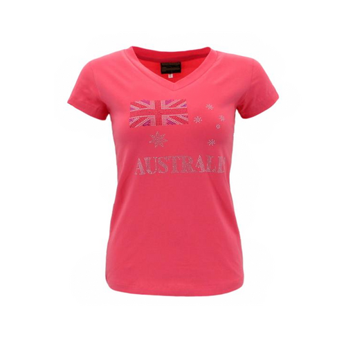 Womens Ladies T Shirt Australia Souvenir w Rhinestone Crystal - Flag/Coral [Size: S]
