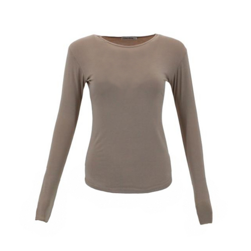 FIL Women's Long Sleeve Crew Neck Soft Stretch Plain Tee - Mocha [Size: 8]