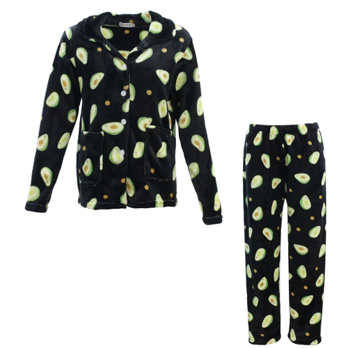 Womens Supersoft Pyjama Plush Fleece PJ Set/Black w Avocado (Button up) [Size: 8]