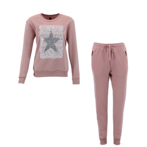 FIL Women's Fleece Tracksuit 2pc Set Loungewear - Star - Dusty Pink [Size: 10]
