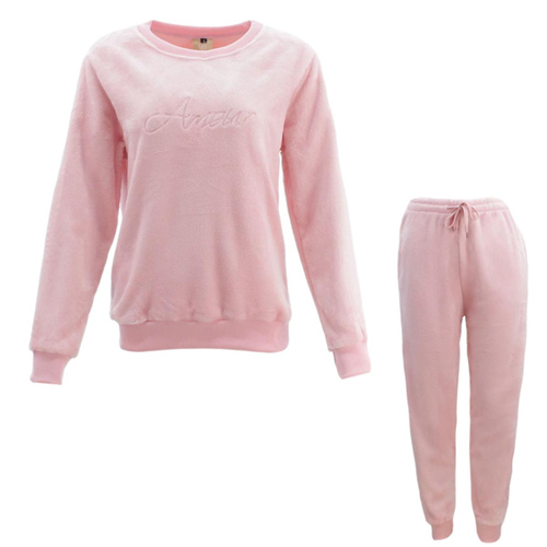 FIL Women's Plush Fleece 2pc Set Loungewear Pyjamas - Amour/Light Pink [Size: 8]