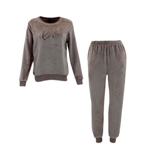 FIL Women's 2pc Plush Fleece Pajama Set - Love - Latte [Size: 8]