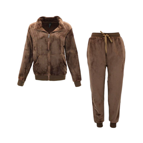 FIL Women's Velvet Fleece Zip 2pc Set Loungewear - Coffee [Size: 8]