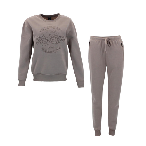 FIL Women's Fleece Tracksuit 2pc Set Loungewear - Vintage - Latte [Size: 8]