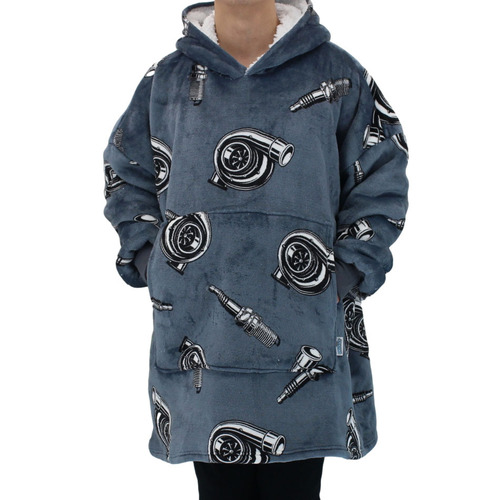 FIL Oversized Hoodie Blanket Fleece Pullover -  Car Parts/Dk.Blue (Adult)