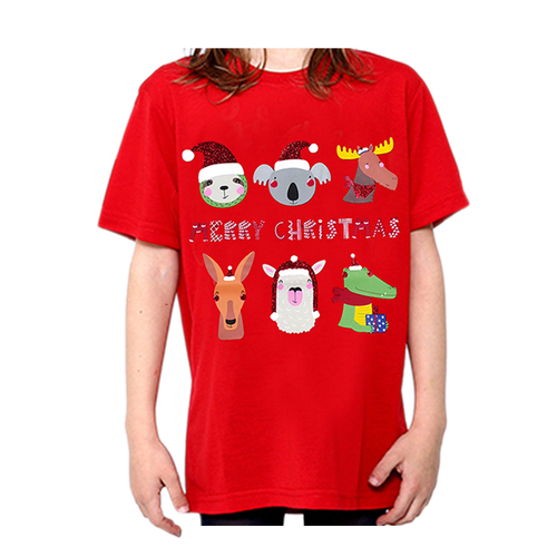 Men's Cotton Christmas Singlet - Merry Christmas Animals (Red) [Size: L (for age 8-10)]