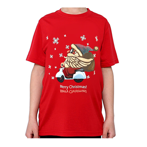 Kids Christmas T Shirt 100% Cotton Tee - Santa on Motorcycle/Red [Size: L (for age 8-10)]