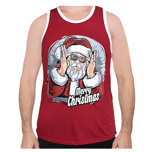 Men's Cotton Christmas Singlet - Santa w/ glasses/Red [Size: M]