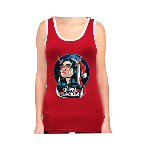 Women's Cotton Christmas Singlet - Girl w/ Antlers/Red [Size: M]
