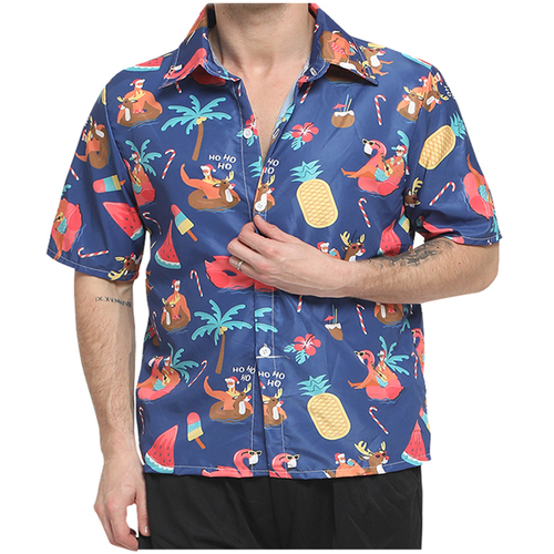 FIL Mens Christmas Holiday Hawaiian Shirt - Santa in Floaties/Blue [Size: XL]
