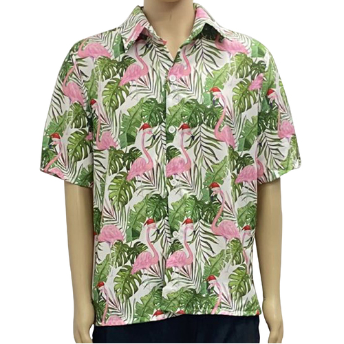 FIL Mens Christmas Holiday Hawaiian Shirt - Christmas Flamingos/White [Size: L]