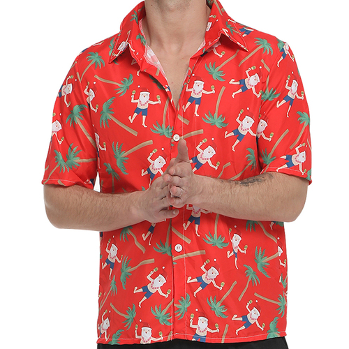 FIL Mens Christmas Holiday Hawaiian Shirt - Santa and Palm Trees/Red [Size: L]