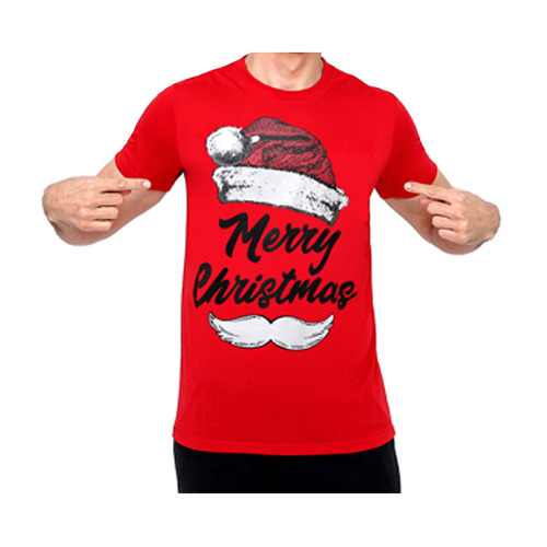 Mens Christmas T Shirts 100% Cotton Humor Novelty - Santa Hat & Beard/Red [Size: M]